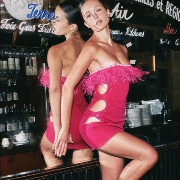 Guizio Feather Trim Embellished Cut-Out Mini Dress Magenta‎ Pink Size Small - Picture 2 of 12